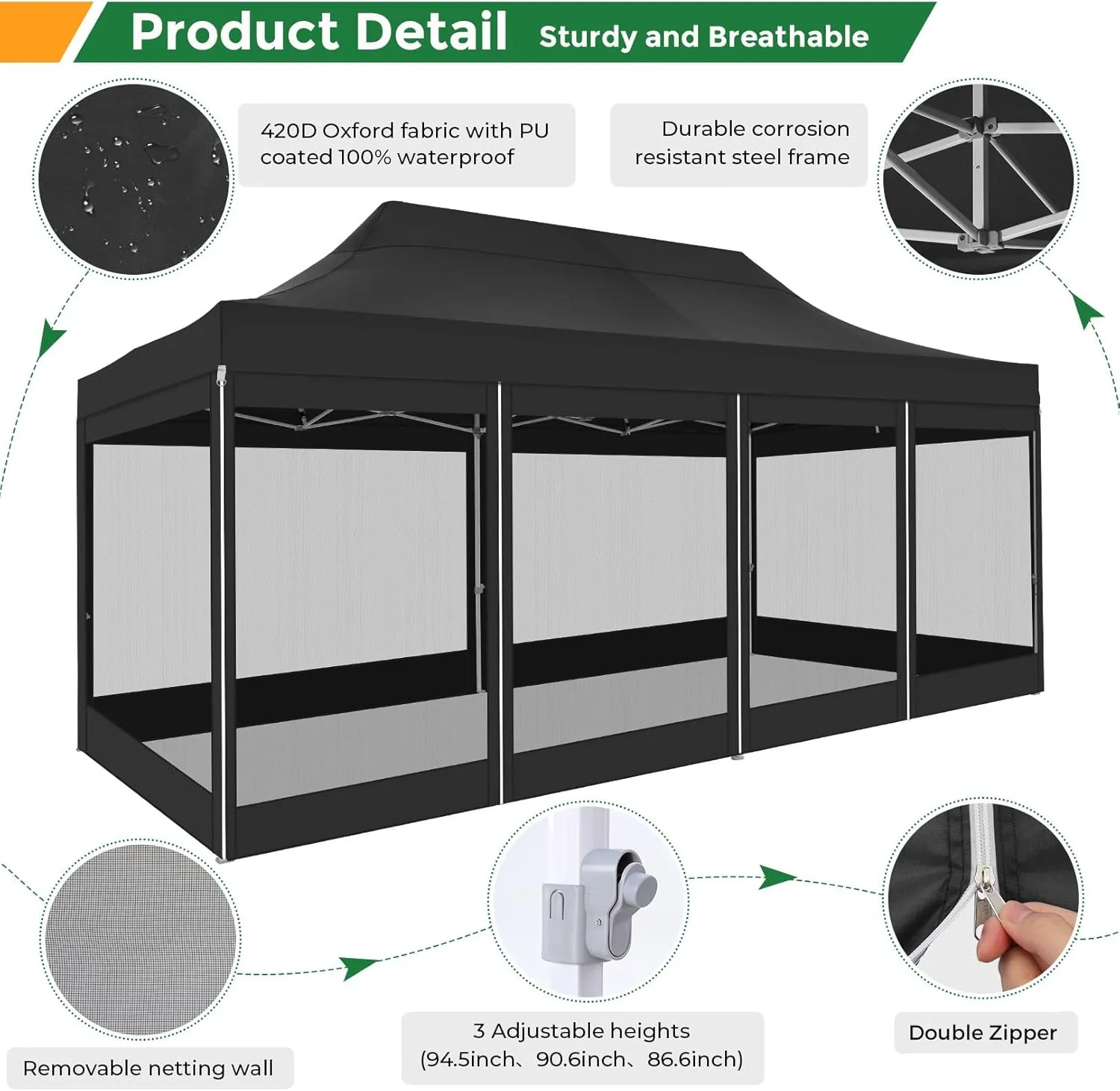 COBIZI 10x20 Heavy Duty Pop Up Canopy Tent with 6 Sidewalls, Commercial Gazebo Party Tent with Mosquito Netting Wall Easy Set Up Outdoor Instant Screen Tent for Backyard, Patio, Garden, Black