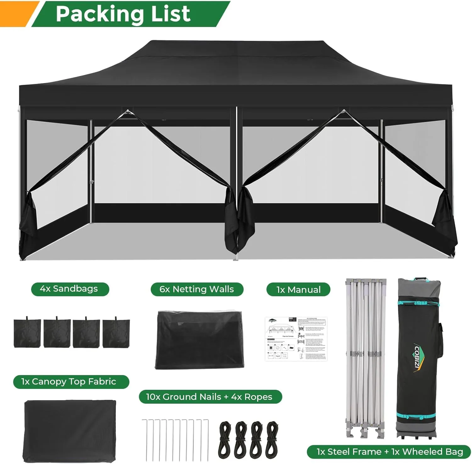 COBIZI 10x20 Heavy Duty Pop Up Canopy Tent with 6 Sidewalls, Commercial Gazebo Party Tent with Mosquito Netting Wall Easy Set Up Outdoor Instant Screen Tent for Backyard, Patio, Garden, Black