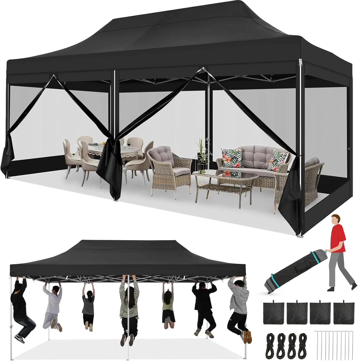 COBIZI 10x20 Heavy Duty Pop Up Canopy Tent with 6 Sidewalls, Commercial Gazebo Party Tent with Mosquito Netting Wall Easy Set Up Outdoor Instant Screen Tent for Backyard, Patio, Garden, Black