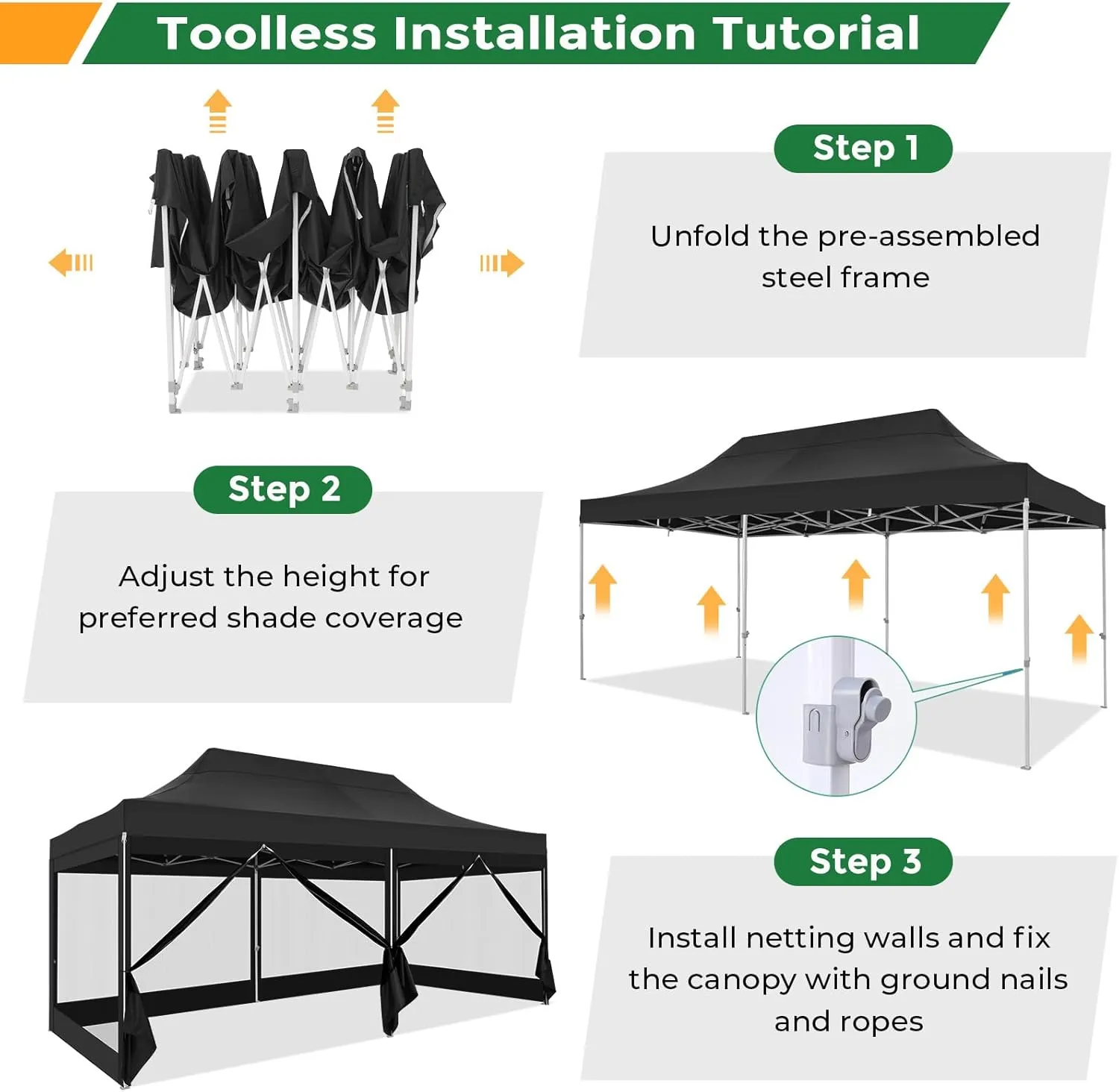 COBIZI 10x20 Heavy Duty Pop Up Canopy Tent with 6 Sidewalls, Commercial Gazebo Party Tent with Mosquito Netting Wall Easy Set Up Outdoor Instant Screen Tent for Backyard, Patio, Garden, Black
