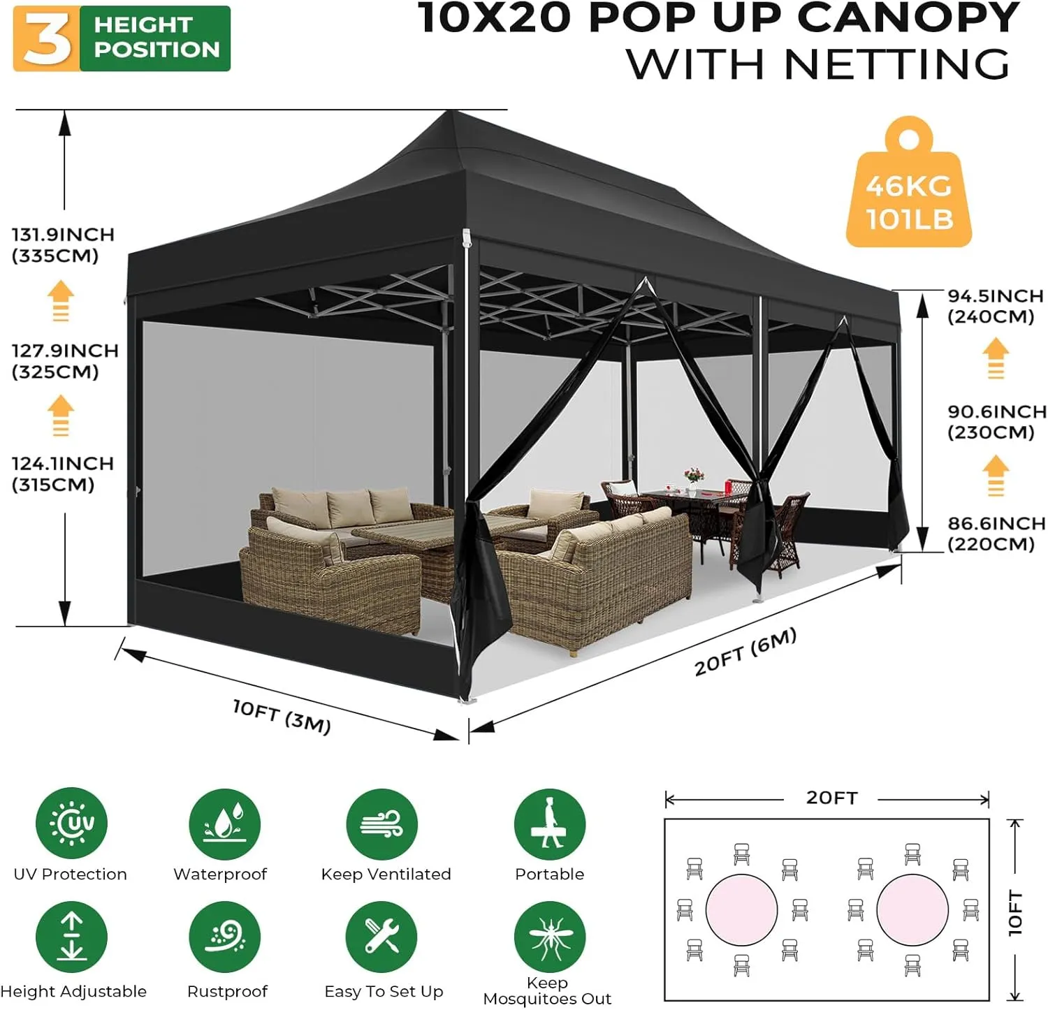 COBIZI 10x20 Heavy Duty Pop Up Canopy Tent with 6 Sidewalls, Commercial Gazebo Party Tent with Mosquito Netting Wall Easy Set Up Outdoor Instant Screen Tent for Backyard, Patio, Garden, Black
