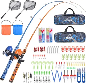 CODEK Kids Fishing Pole Set with Full Starter Kits 2 Set Portable Telescopic Fishing Rod and Reel Cambos for Boys Girls Toddler Youth Age Beginner Little Children Junior Anglers
