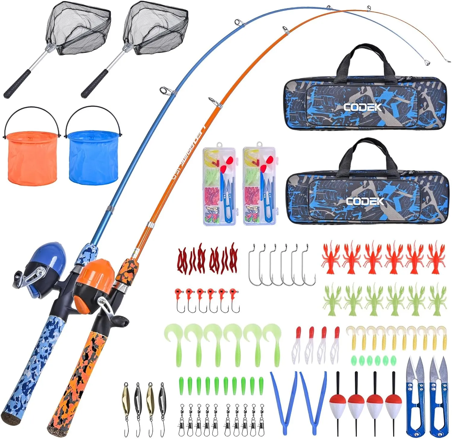 CODEK Kids Fishing Pole Set with Full Starter Kits 2 Set Portable Telescopic Fishing Rod and Reel Cambos for Boys Girls Toddler Youth Age Beginner Little Children Junior Anglers
