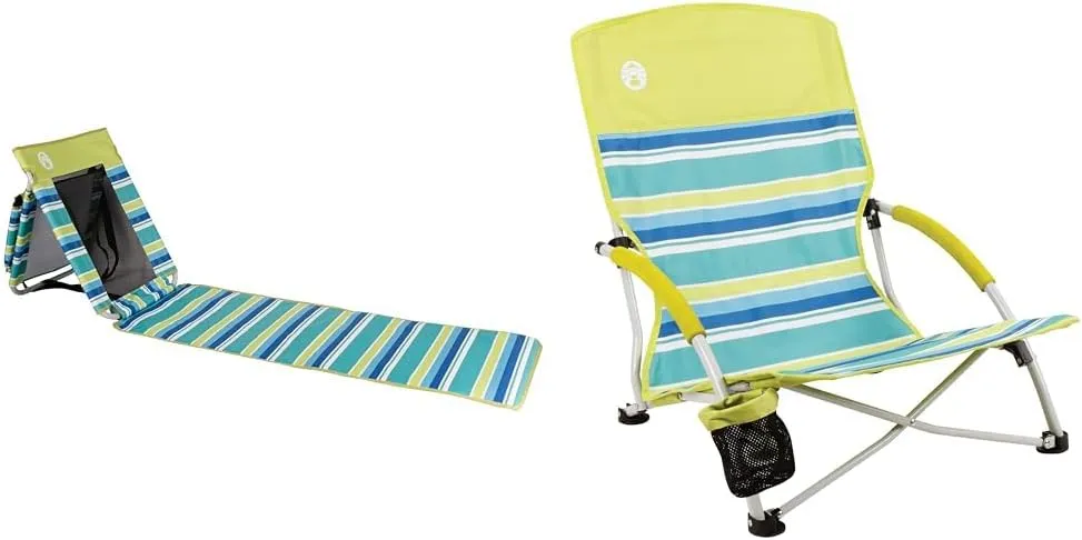 Coleman Utopia Breeze Reclining Beach Mat with Built-in Cooler, Foldable Beach Mat with Mesh Back and Shoulder Straps for Beach, Pool, Picnic or Backyard Relaxation
