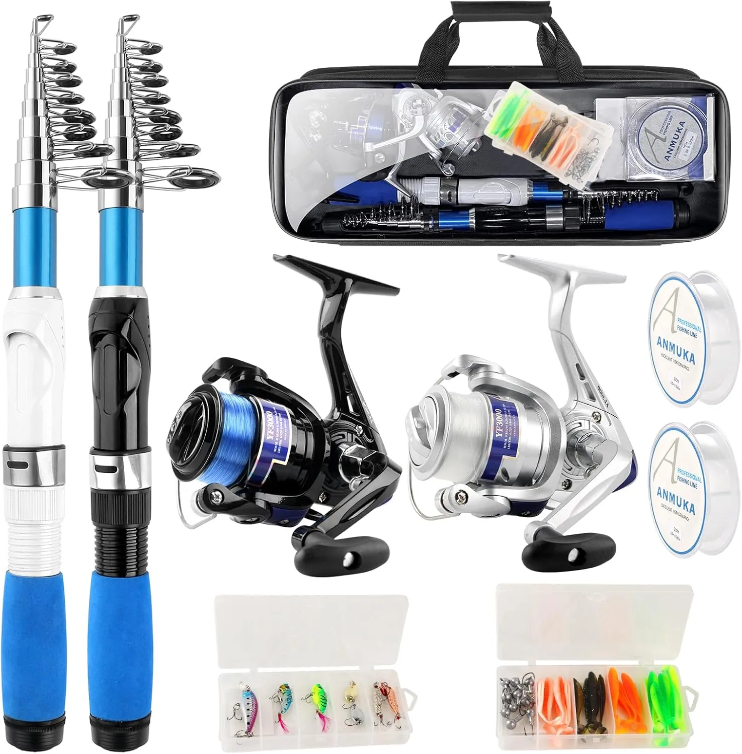 Collapsible Fishing Rod Set, 2.1m/6.89ft w/ 2 Spinning Reels, 2 Sets Lures, 100m Line, Carrier Bag - Fresh & Saltwater