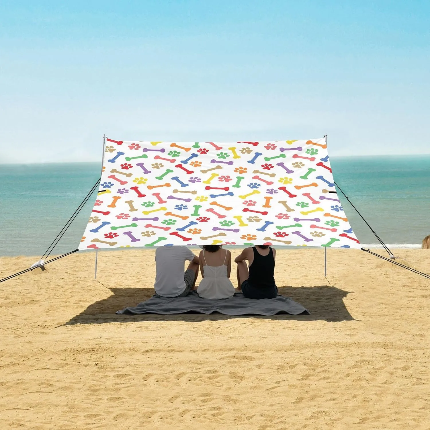 Colorful Dog Bones and Paws Beach Canopy Tent Anti-UV & Wind Resistant, Footprints Camping Sun Shelter Easy Setup Portable,Outdoor Shade Tents with Sandbags,Sand Shovels,Ground Pegs & Stabilit