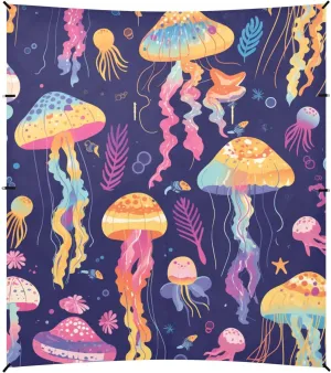 Colorful Jellyfish Foldable Beach Canopy UPF50 Waterproof Sun Shade with Sandbags, Sand Shovel, Poles for Camping Trips, Fishing, Backyard Fun or Picnics