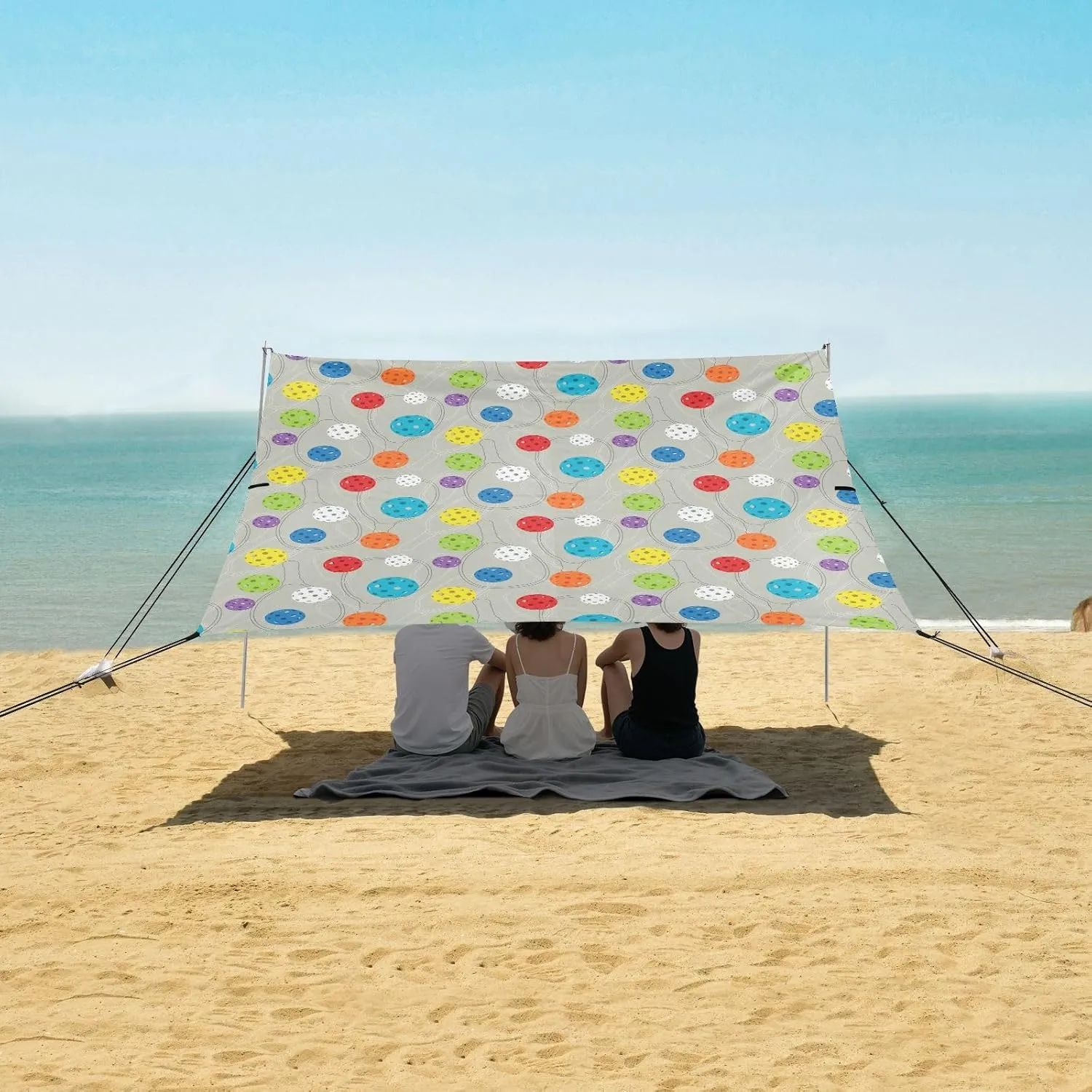 Colorful Pickleball Balls Beach Canopy Tent Anti-UV & Wind Resistant, Camping Sun Shelter Easy Setup Portable,Outdoor Shade Tents with Sandbags,Sand Shovels,Ground Pegs & Stability Poles
