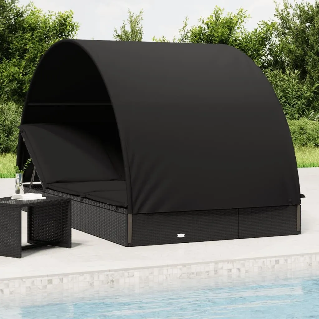 Comfortable 2-Person Sunbed with Adjustable Round Roof, Durable PE Rattan, Outdoor Lounge, Black