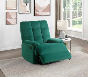 Comfortable and Stylish Reclining Chair for Living Room, Green Velvet Upholstery, Square Tufted Back, Pillowtop Arms, Modern Design