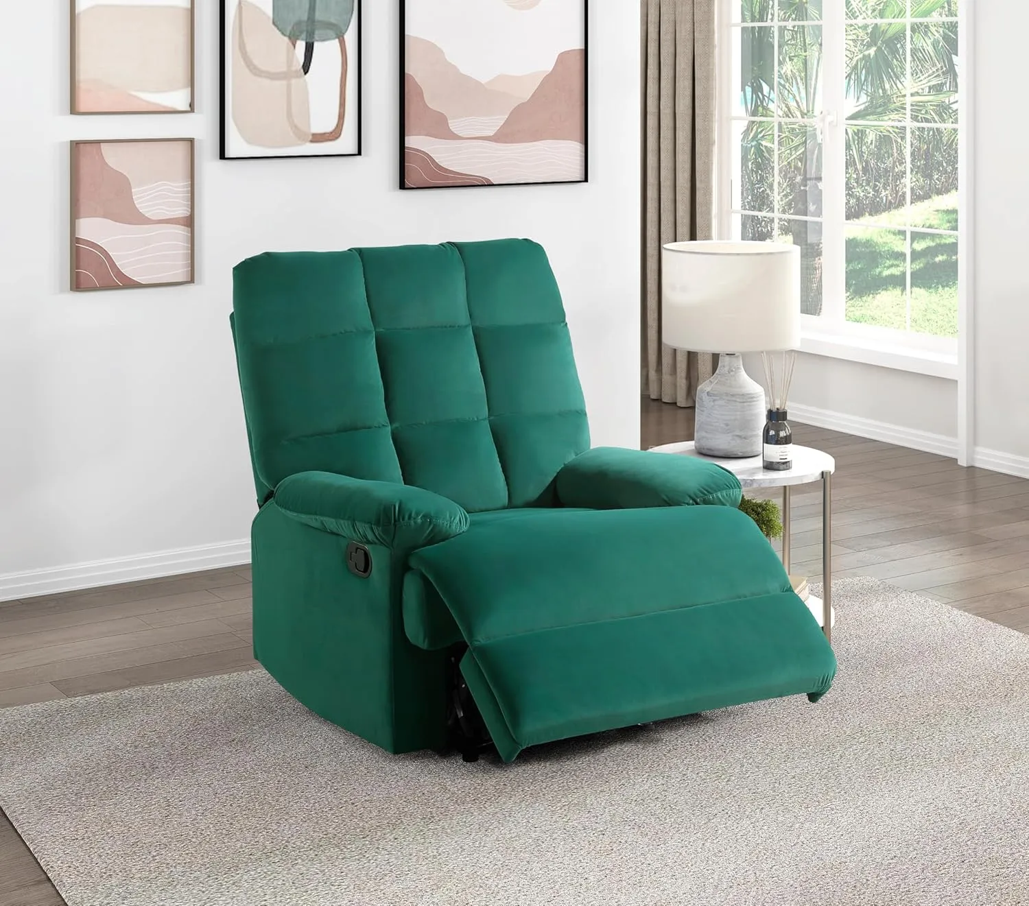 Comfortable and Stylish Reclining Chair for Living Room, Green Velvet Upholstery, Square Tufted Back, Pillowtop Arms, Modern Design
