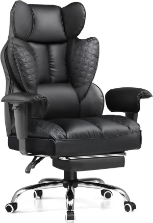 COMHOMA Big and Tall Office Chair 400LBS Wide Ergonomic Gaming Chair with Deluxe Embossing Leather with Foot Rest 150°Reclining Adjustable Armrests Pocket Spring Back Support and Without Pillow