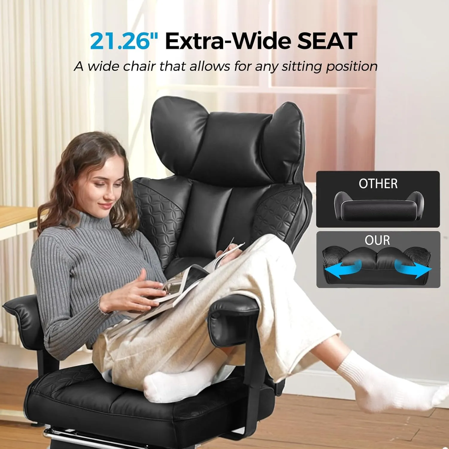 COMHOMA Big and Tall Office Chair 400LBS Wide Ergonomic Gaming Chair with Deluxe Embossing Leather with Foot Rest 150°Reclining Adjustable Armrests Pocket Spring Back Support and Without Pillow