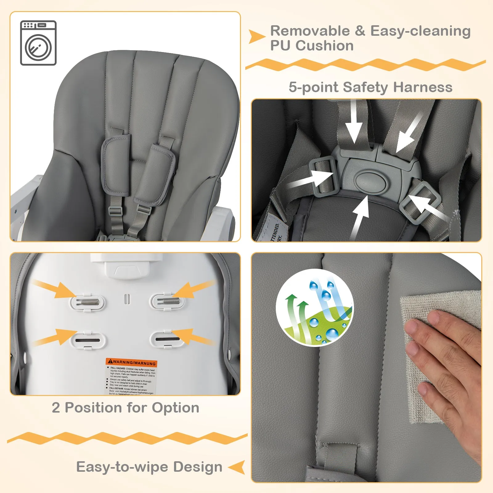 Convertible Infant Dining Chair with 5 Backrest and 3 Footrest Positions-Gray