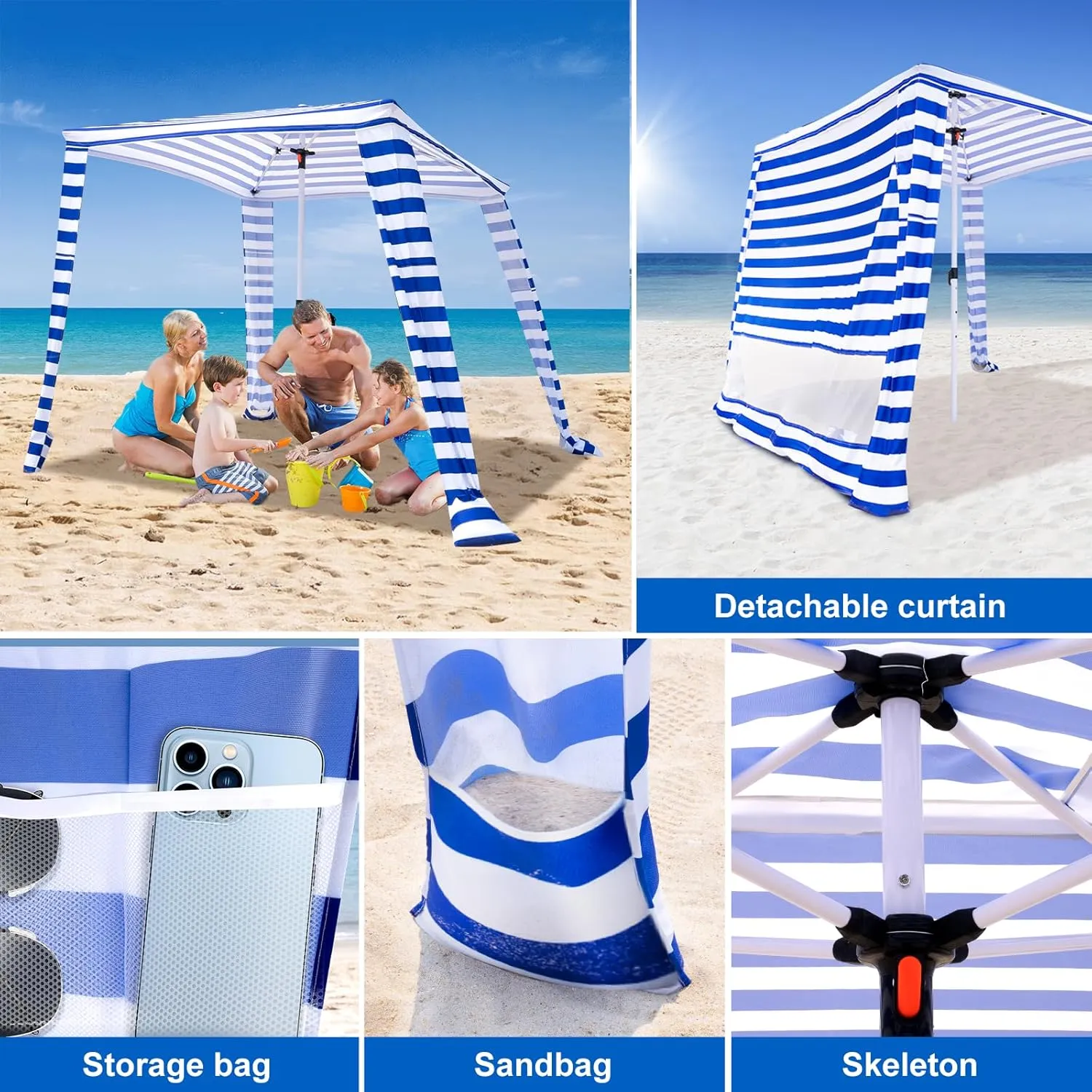 Cool Cabana Beach Tent - 6.2'x6.2' Portable Sun Shelter, UPF 50  UV Protection, Easy Setup, Waterproof, Includes Side Wall & Sand Pockets, Perfect for Family & Friends