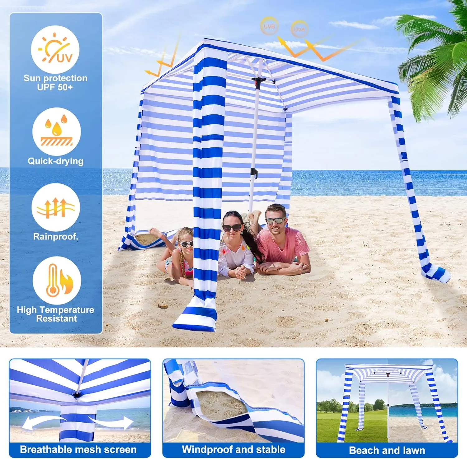Cool Cabana Beach Tent - 6.2'x6.2' Portable Sun Shelter, UPF 50  UV Protection, Easy Setup, Waterproof, Includes Side Wall & Sand Pockets, Perfect for Family & Friends
