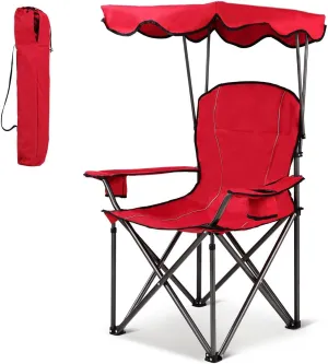 COSTWAY Portable Camping Chair with Canopy, Outdoor Lawn Chair with Shade, Carry Bag, Cup Holder, for Travel, Picnic, Beach (Red)