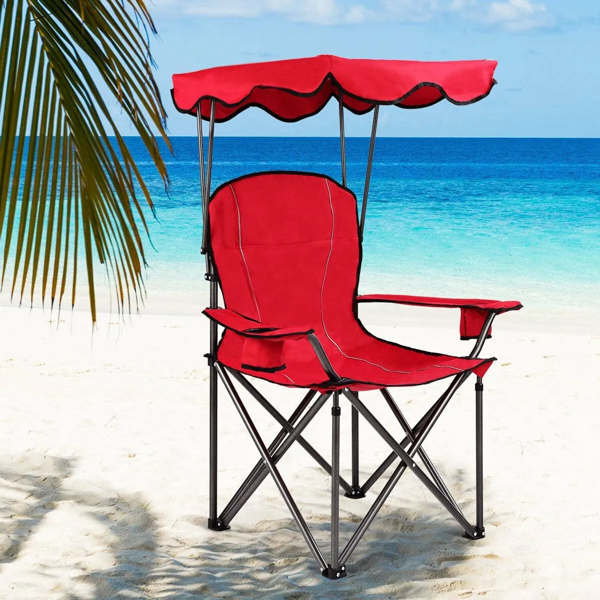 COSTWAY Portable Camping Chair with Canopy, Outdoor Lawn Chair with Shade, Carry Bag, Cup Holder, for Travel, Picnic, Beach (Red)