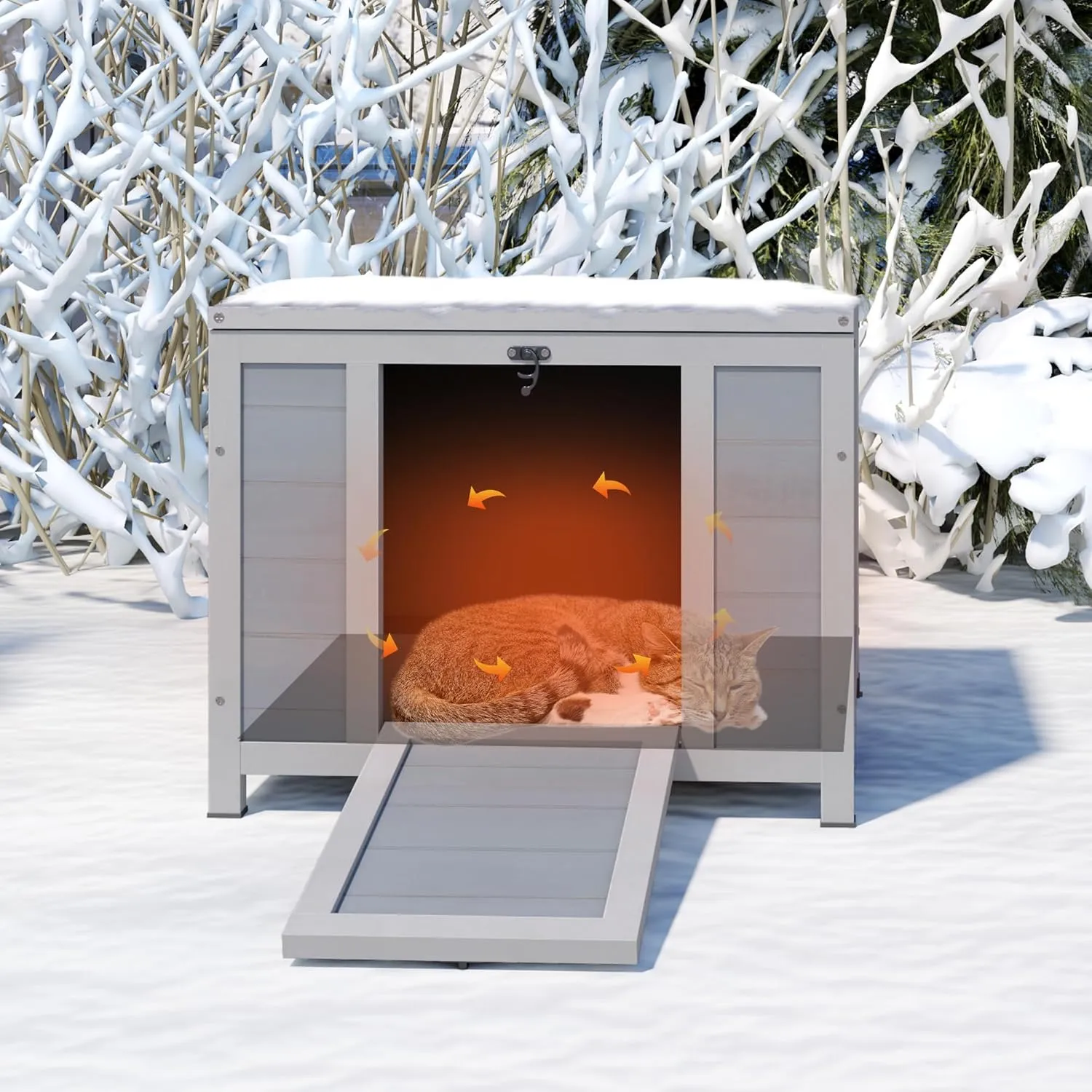 COZIWOW 24inches Wooden Catio Outdoor Cat House Small Animal House，Rabbit Hutch Indoor，Stable Weatherproof Bunny Cage Insulated Pet Shelter for Small Cat Dog Rabbit Guinea Pig(Warm Grey)