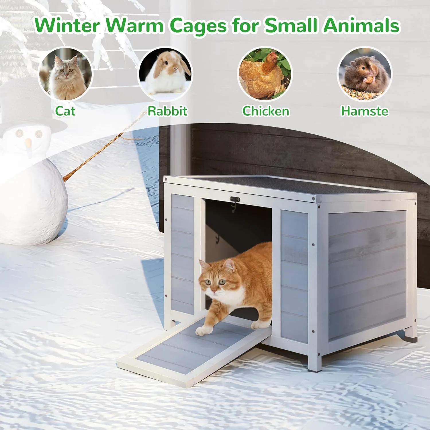 COZIWOW 24inches Wooden Catio Outdoor Cat House Small Animal House，Rabbit Hutch Indoor，Stable Weatherproof Bunny Cage Insulated Pet Shelter for Small Cat Dog Rabbit Guinea Pig(Warm Grey)