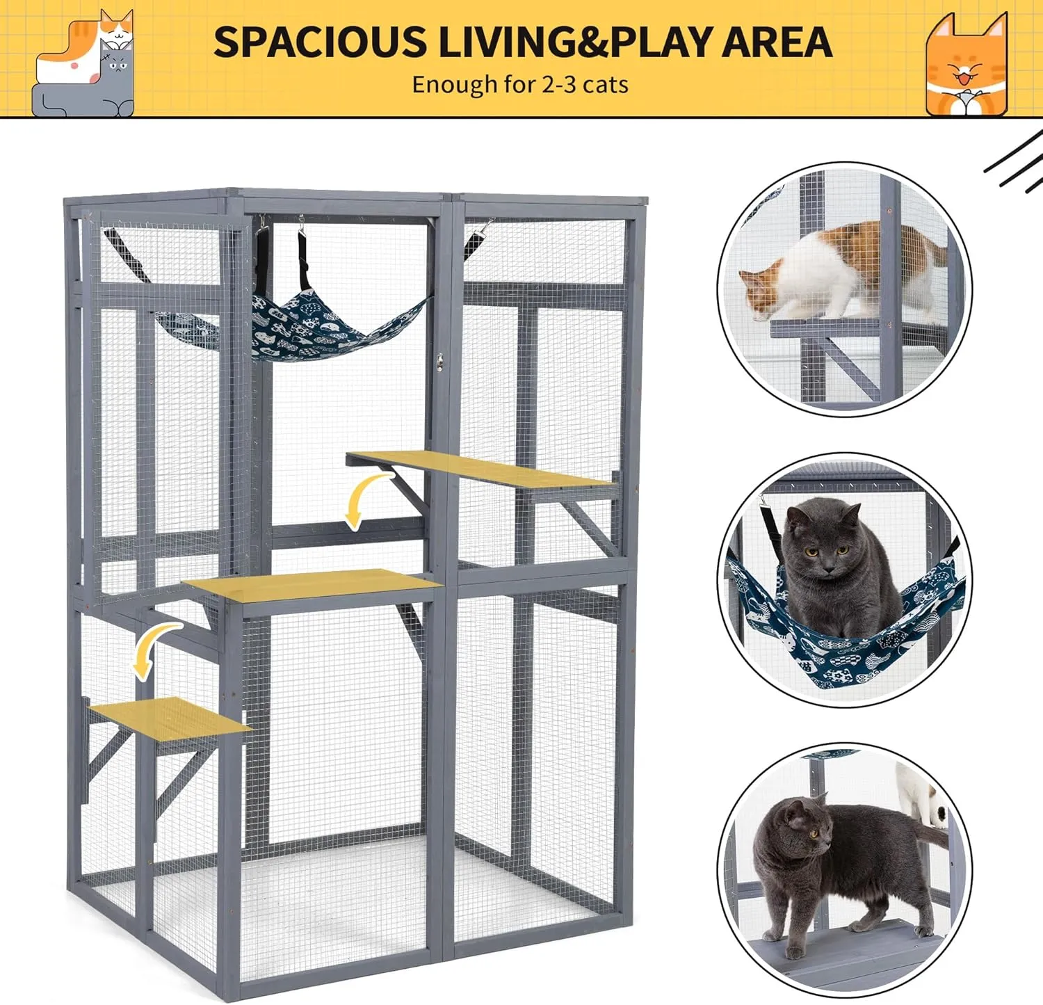COZIWOW Catio Outdoor Cat Enclosure Window Access, Wooden Cat House Shelter, Kitty Cage with 3 Platforms for Patio Indoor (Grey)