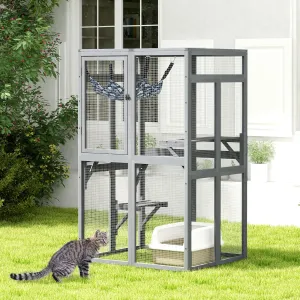 COZIWOW Catio Outdoor Cat Enclosure Window Access, Wooden Cat House Shelter, Kitty Cage with 3 Platforms for Patio Indoor (Grey)