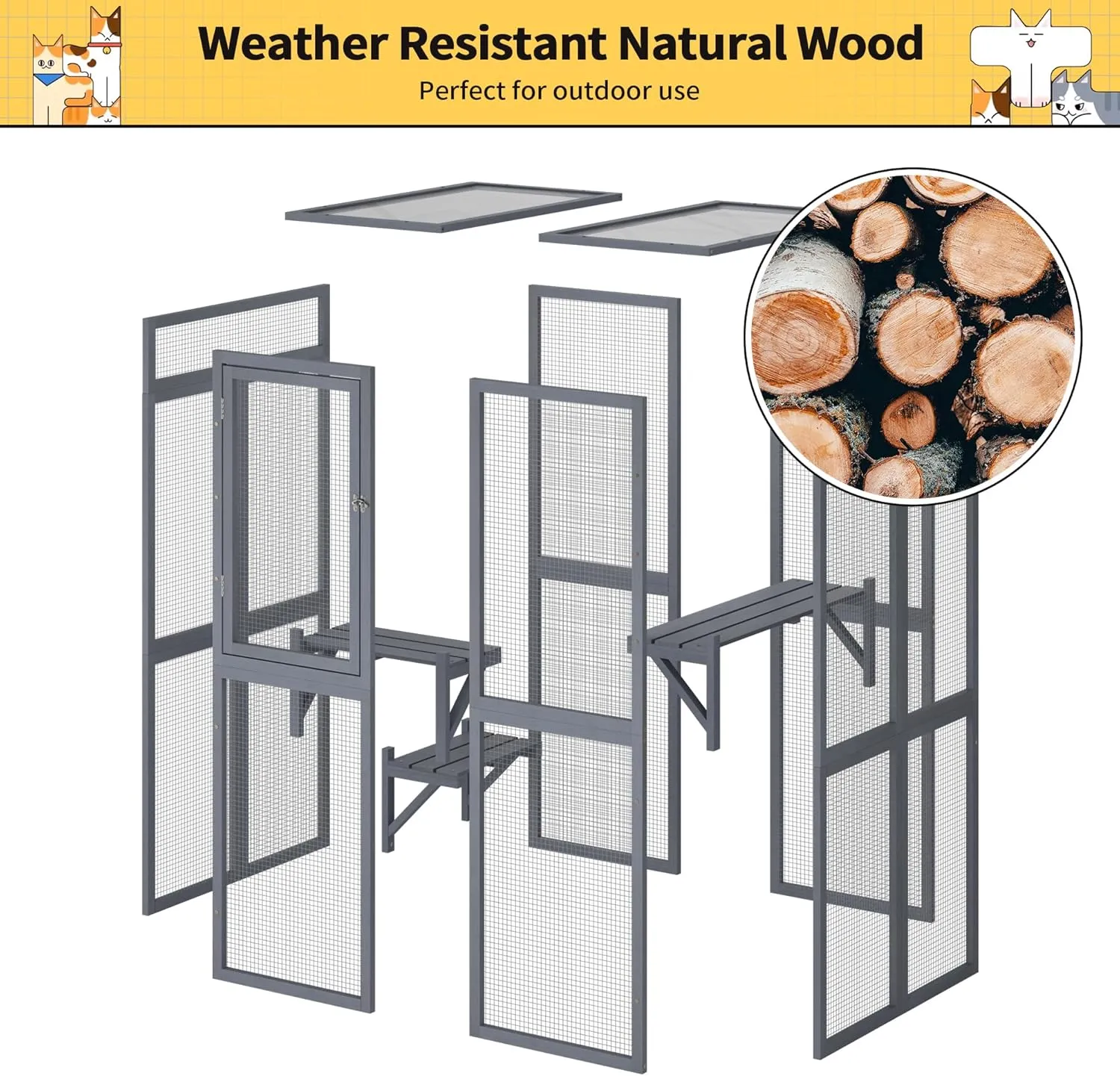 COZIWOW Catio Outdoor Cat Enclosure Window Access, Wooden Cat House Shelter, Kitty Cage with 3 Platforms for Patio Indoor (Grey)