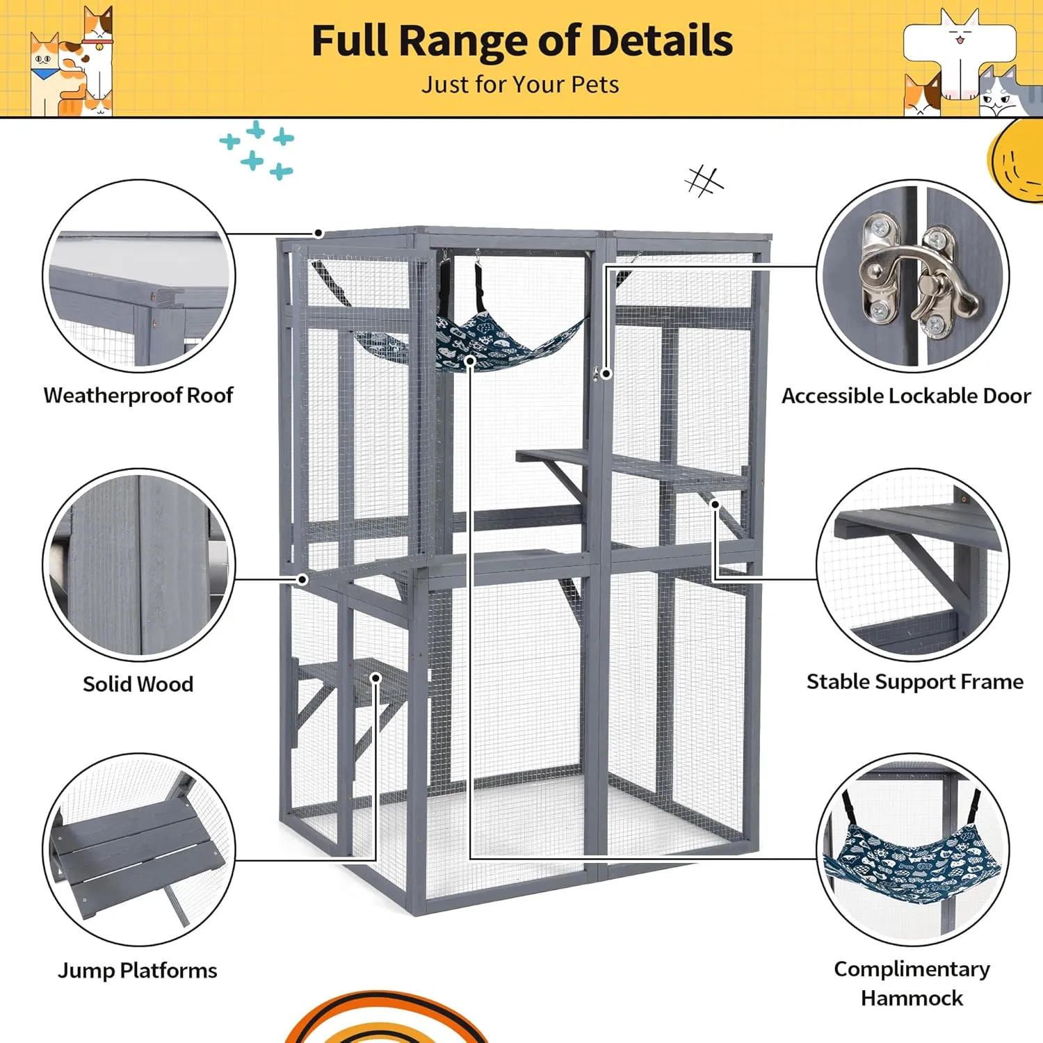 COZIWOW Catio Outdoor Cat Enclosure Window Access, Wooden Cat House Shelter, Kitty Cage with 3 Platforms for Patio Indoor (Grey)