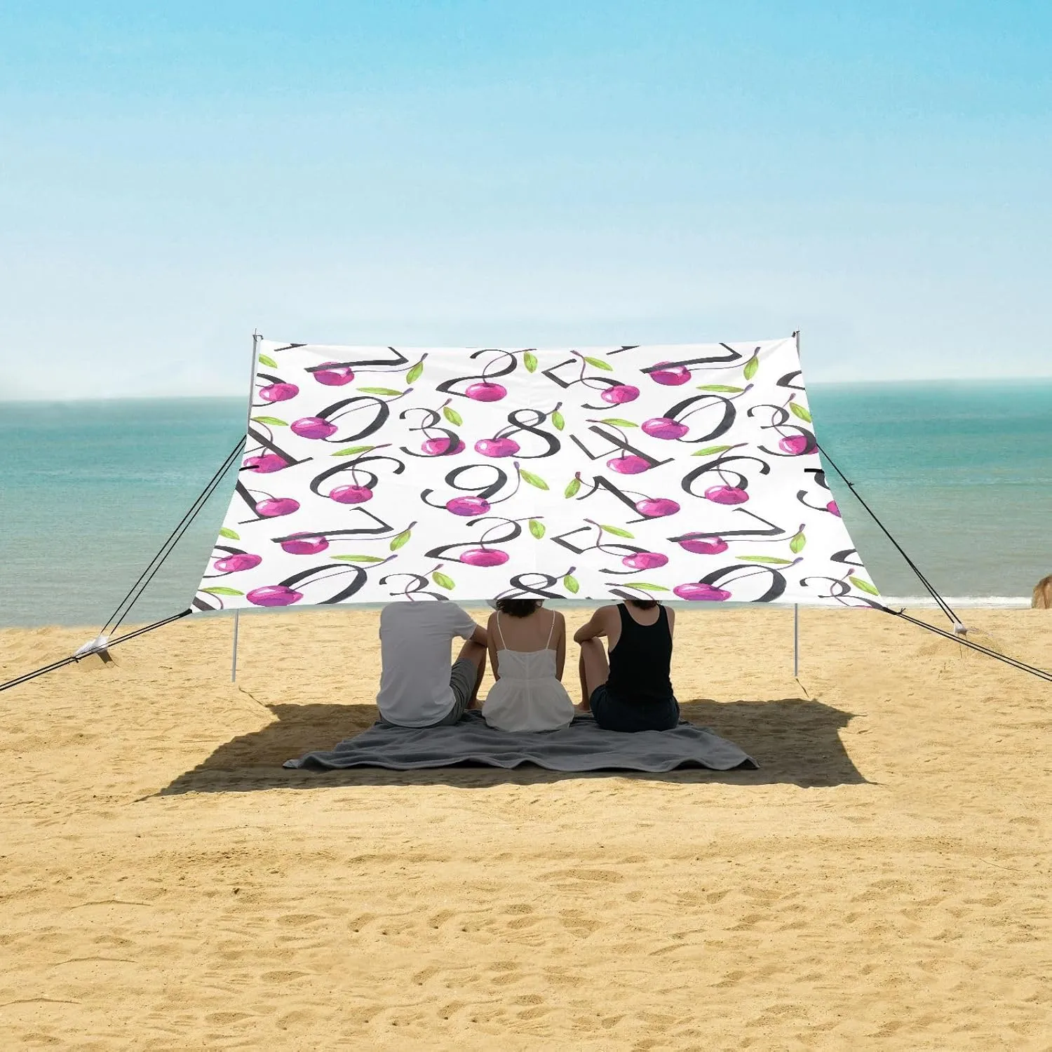 Creative Cherries Symbols Beach Canopy Tent Anti-UV & Wind Resistant, Camping Sun Shelter Easy Setup Portable,Outdoor Shade Tents with Sandbags,Sand Shovels,Ground Pegs & Stability Poles