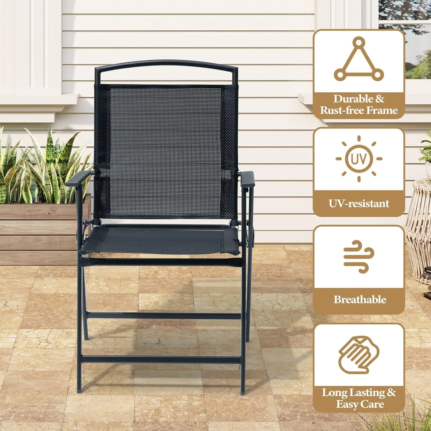 Crestlive Products Patio Folding Chairs Set of 4, Outdoor Folding Chairs with Durable Rust-Resistant Frame and Breathable Textilene Material for Outside, Black