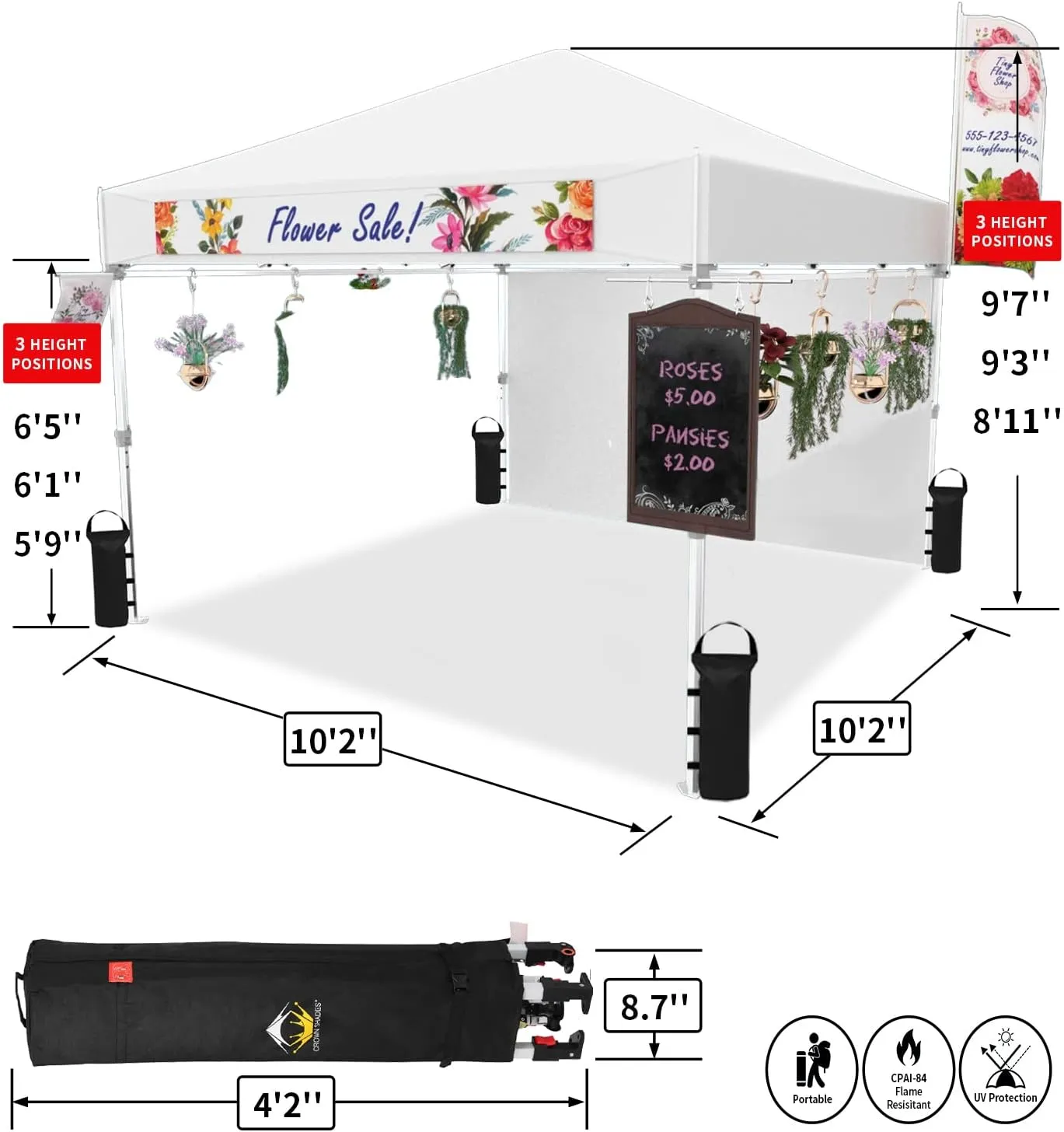 CROWN SHADES 10x10 Pop up Canopy Instant Commercial Canopy Including 1 Removable Sidewall, 2 Crossbars, 4 Ropes, 8 Stakes, 4 Weight Bags, STO 'N Go Bag, White