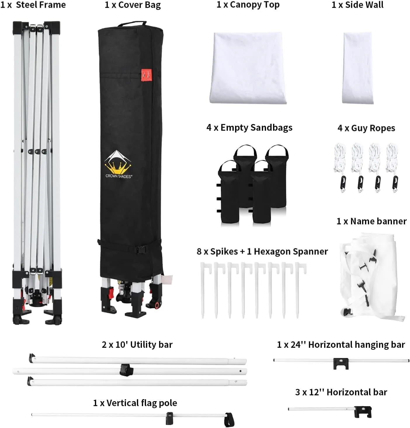 CROWN SHADES 10x10 Pop up Canopy Instant Commercial Canopy Including 1 Removable Sidewall, 2 Crossbars, 4 Ropes, 8 Stakes, 4 Weight Bags, STO 'N Go Bag, White