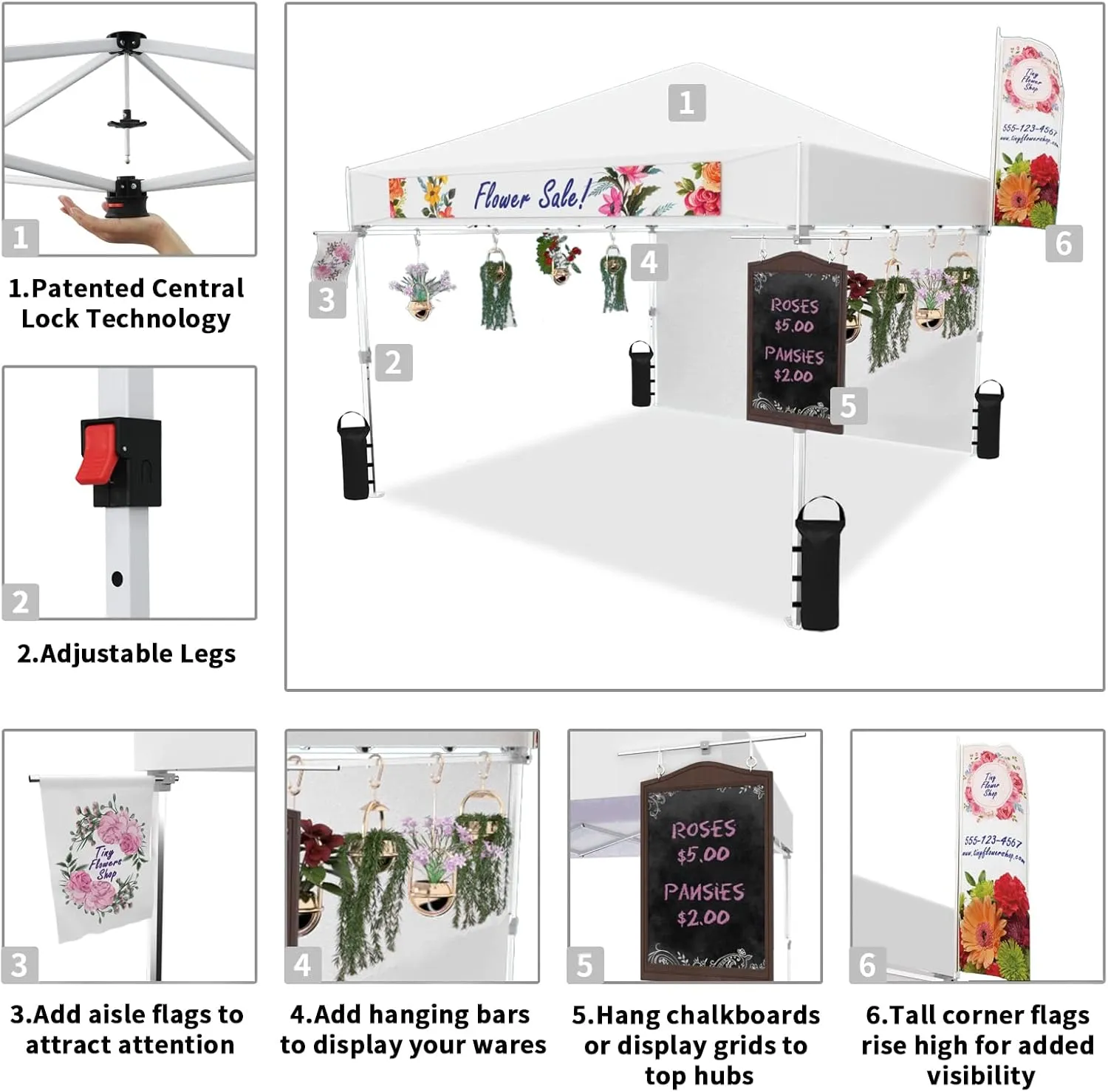 CROWN SHADES 10x10 Pop up Canopy Instant Commercial Canopy Including 1 Removable Sidewall, 2 Crossbars, 4 Ropes, 8 Stakes, 4 Weight Bags, STO 'N Go Bag, White