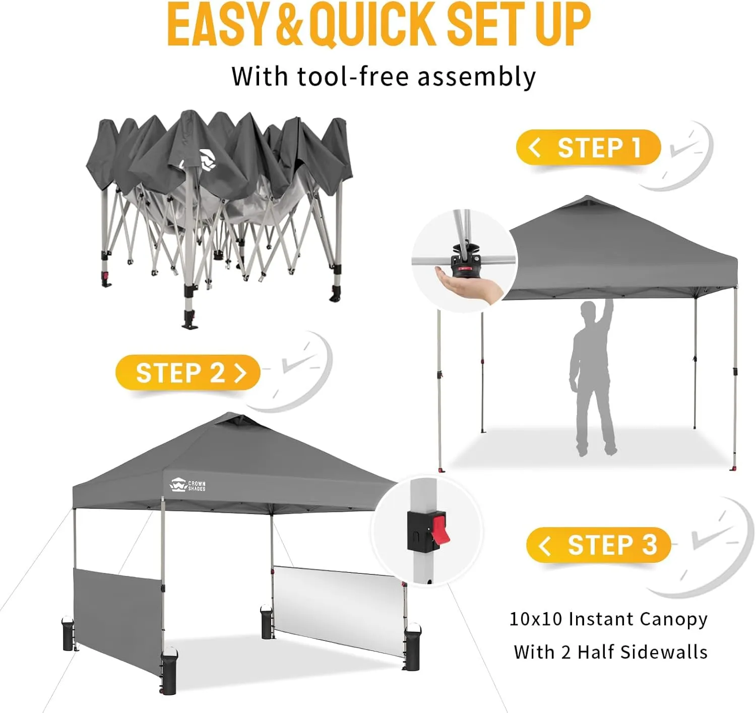 CROWN SHADES 10x10 Pop up Canopy Tent Instant Canopy with 150D Silver Coated Fabric Including 2 Half Sidewalls, 4 Ropes, 8 Stakes, 4 Weight Bags, STO 'N Go Bag, Grid Grey