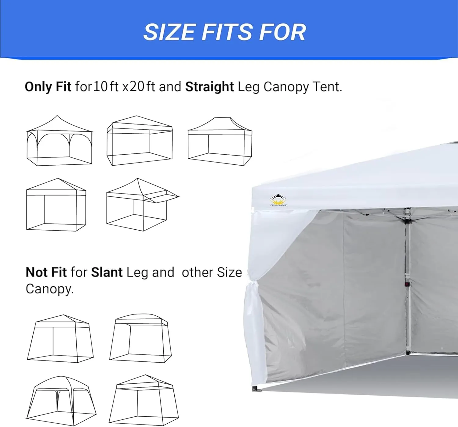 CROWN SHADES 10x20 Canopy Sidewalls (4pck) - Replacement Walls for 10x20 Gazebo, Event Shelter Accessories - White
