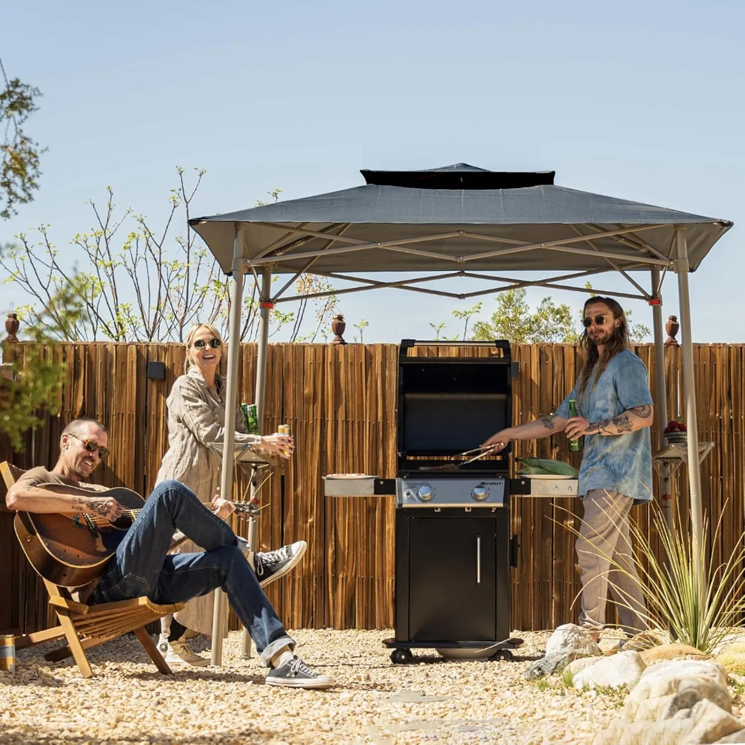 Crown Shades 8x5 Grill Gazebo - Pop Up Canopy for BBQ and Backyard Patio - Easy Outdoor Barbecue Shade Cover with Double Tier Vented Top & 2 Side Shelves (Grey)