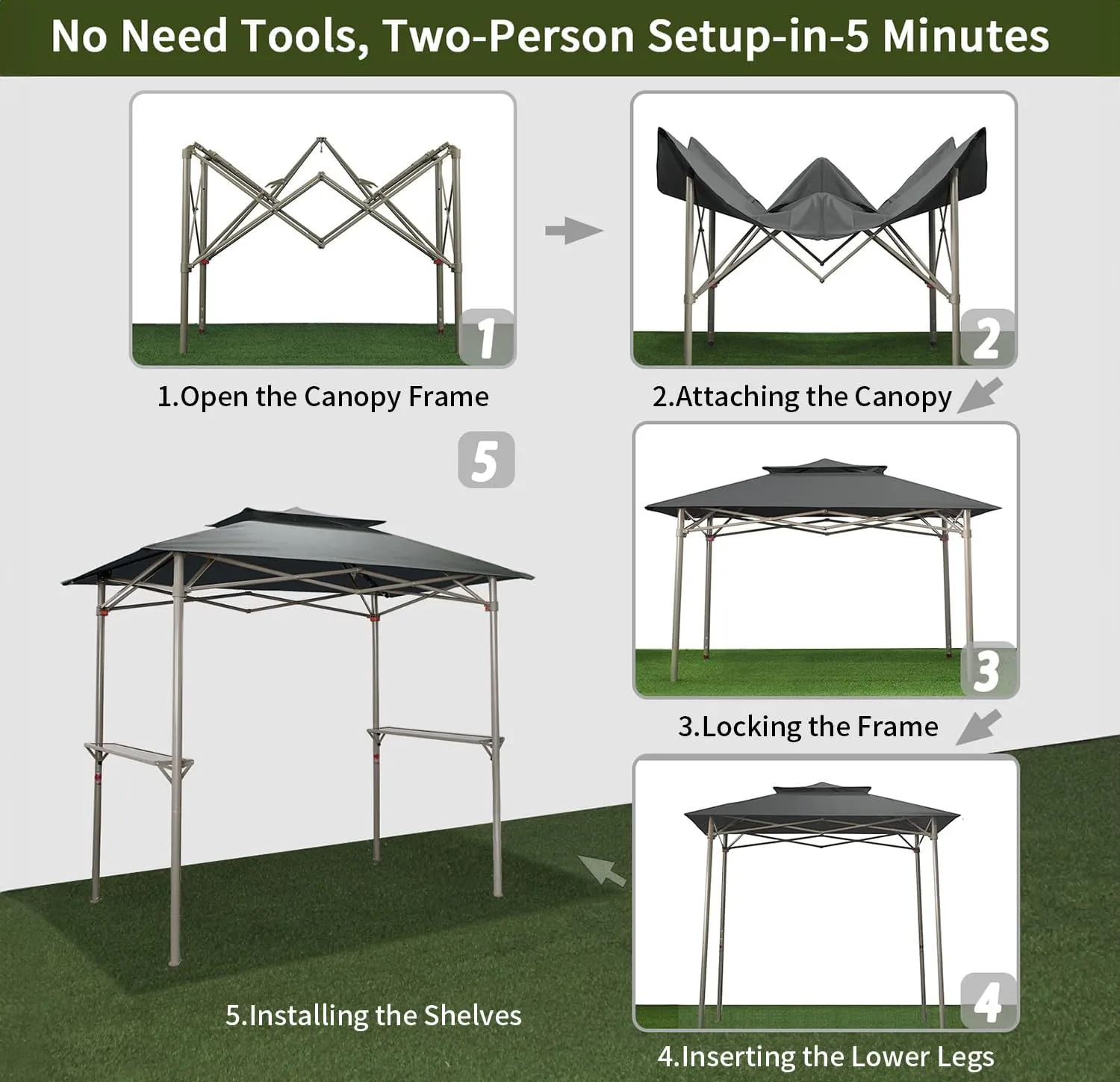 Crown Shades 8x5 Grill Gazebo - Pop Up Canopy for BBQ and Backyard Patio - Easy Outdoor Barbecue Shade Cover with Double Tier Vented Top & 2 Side Shelves (Grey)