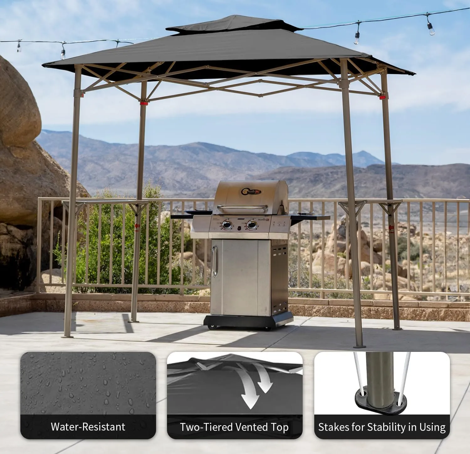 Crown Shades 8x5 Grill Gazebo - Pop Up Canopy for BBQ and Backyard Patio - Easy Outdoor Barbecue Shade Cover with Double Tier Vented Top & 2 Side Shelves (Grey)