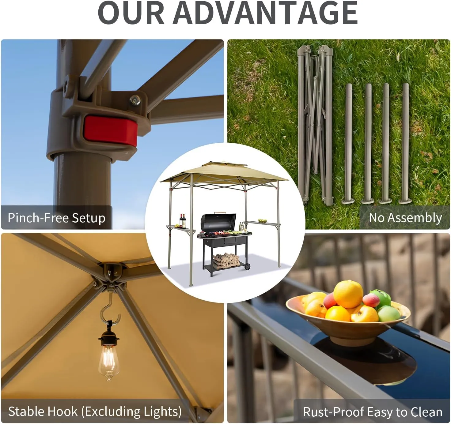 Crown Shades 8x5 Grill Gazebo - Pop Up Canopy for BBQ and Backyard Patio - Easy Outdoor Barbecue Shade Cover with Double Tier Vented Top & 2 Side Shelves (Grey)