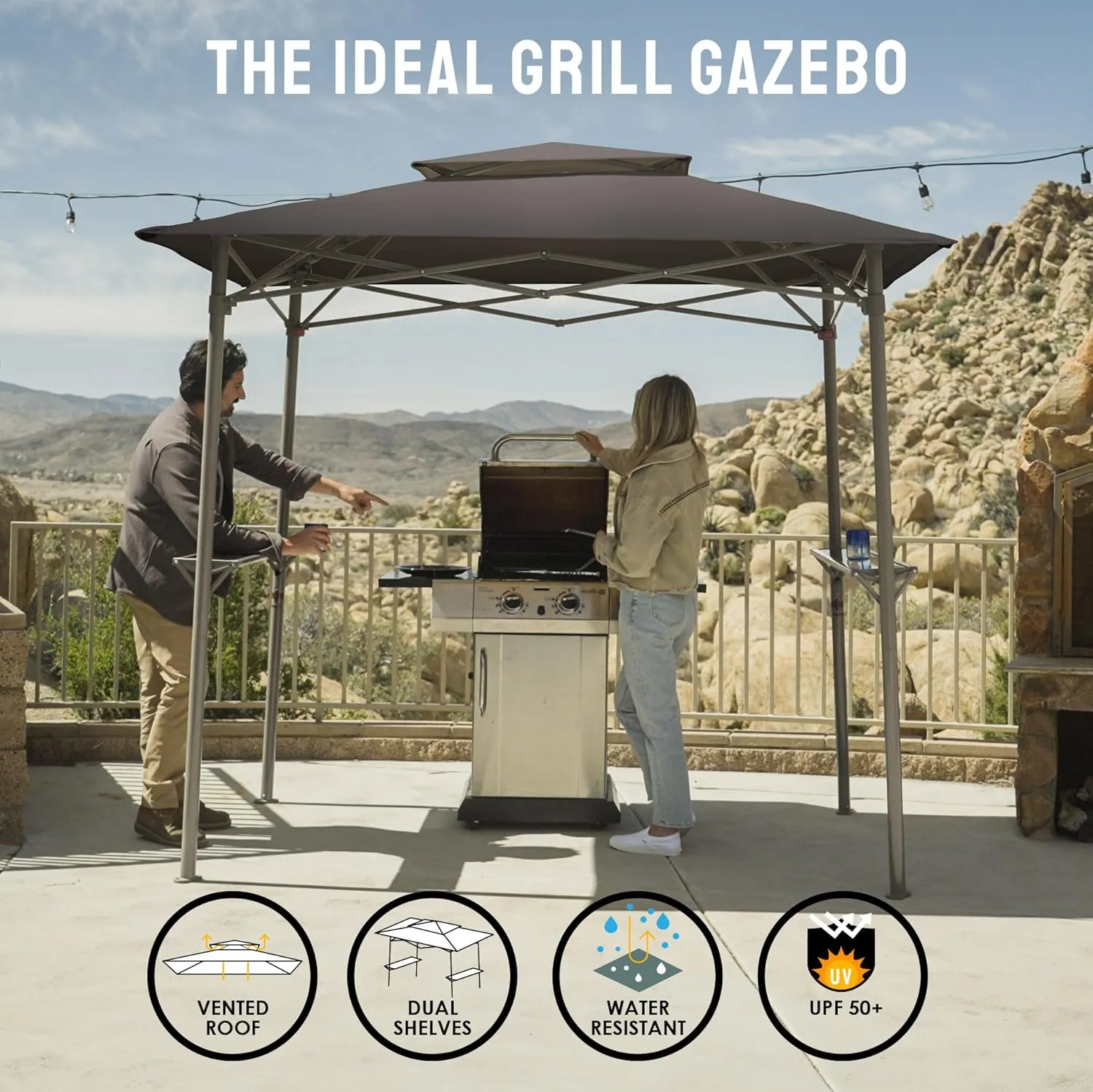 Crown Shades 8x5 Grill Gazebo - Pop Up Canopy for BBQ and Backyard Patio - Easy Outdoor Barbecue Shade Cover with Double Tier Vented Top & 2 Side Shelves (Grey)