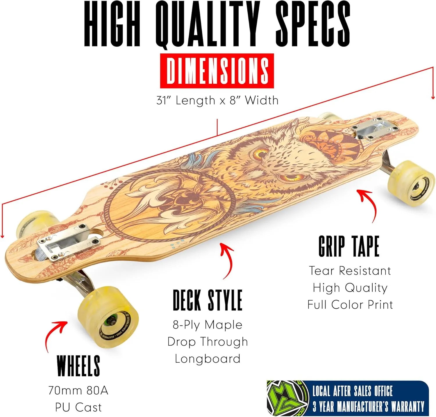 Cruiser Skateboard for Adults & Teens – Lightweight 31" Maple Deck – Smooth 70mm Wheels – Madd Gear Longboard