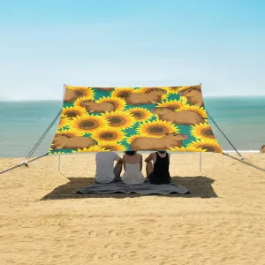 Cute Capybara and Sunflower Beach Canopy Tent Anti-UV & Wind Resistant, Camping Sun Shelter Easy Setup Portable,Outdoor Shade Tents with Sandbags,Sand Shovels,Ground Pegs & Stability Poles