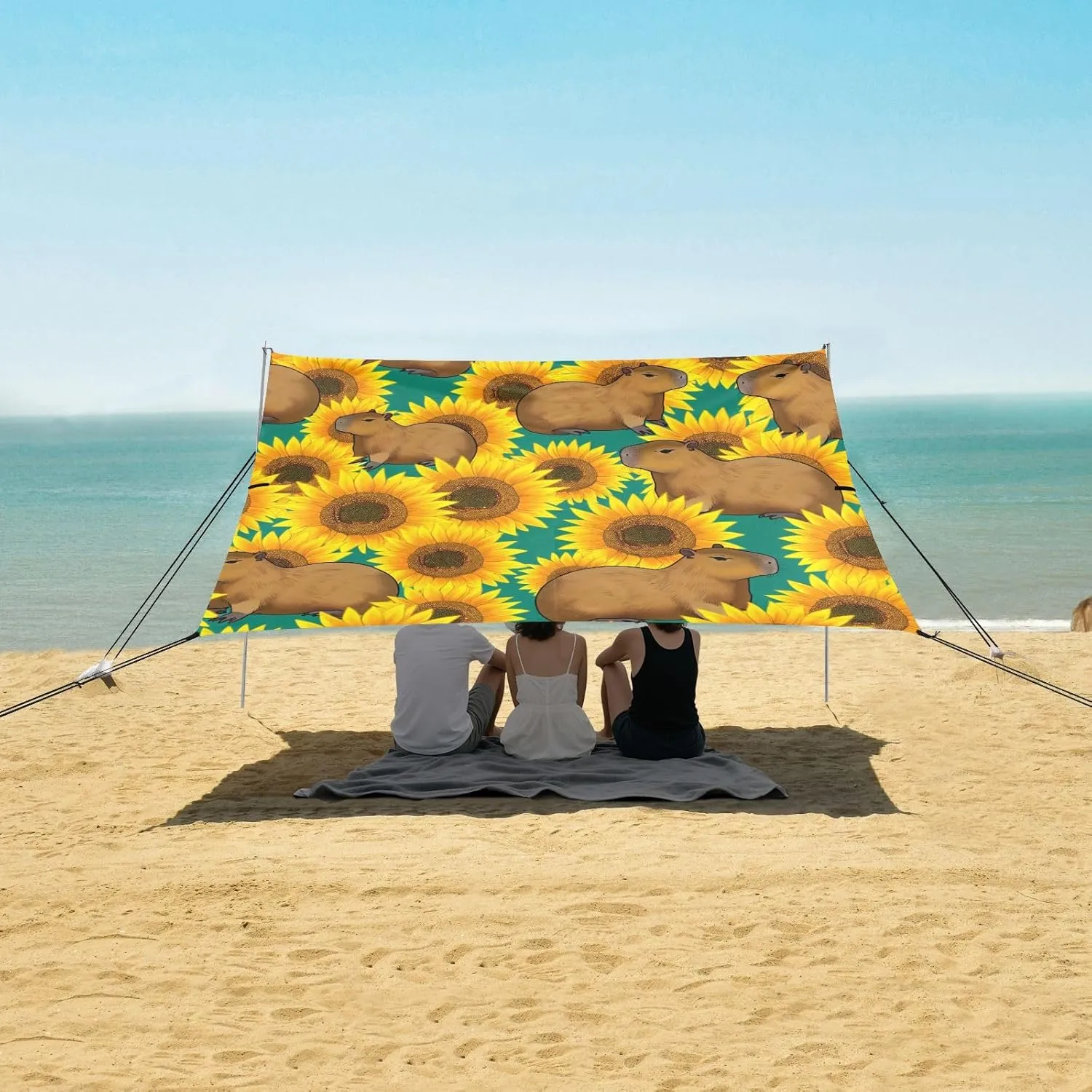 Cute Capybara and Sunflower Beach Canopy Tent Anti-UV & Wind Resistant, Camping Sun Shelter Easy Setup Portable,Outdoor Shade Tents with Sandbags,Sand Shovels,Ground Pegs & Stability Poles