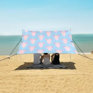 Cute Cartoon Axolotl Beach Canopy Tent Anti-UV & Wind Resistant, Pink Camping Sun Shelter Easy Setup Portable,Outdoor Shade Tents with Sandbags,Sand Shovels,Ground Pegs & Stability Poles