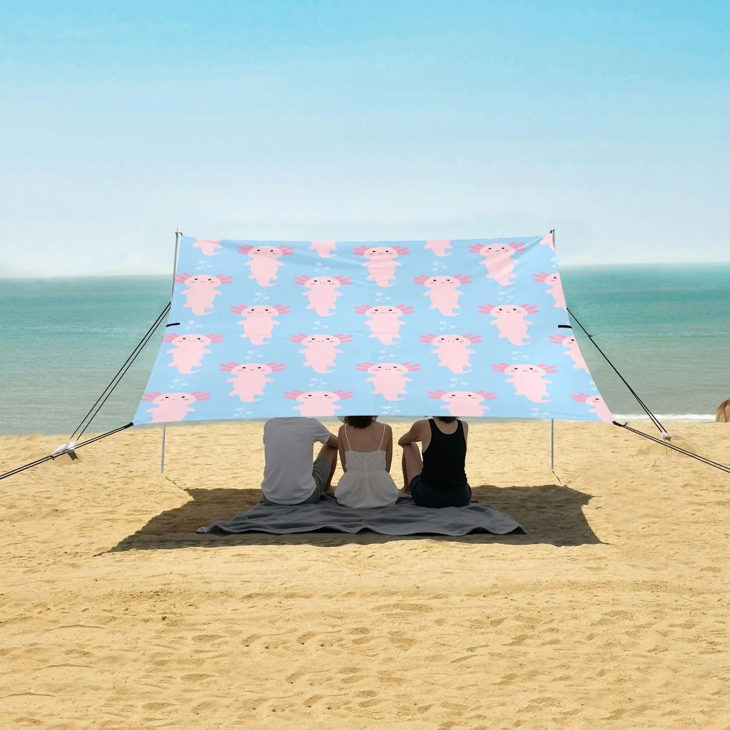 Cute Cartoon Axolotl Beach Canopy Tent Anti-UV & Wind Resistant, Pink Camping Sun Shelter Easy Setup Portable,Outdoor Shade Tents with Sandbags,Sand Shovels,Ground Pegs & Stability Poles