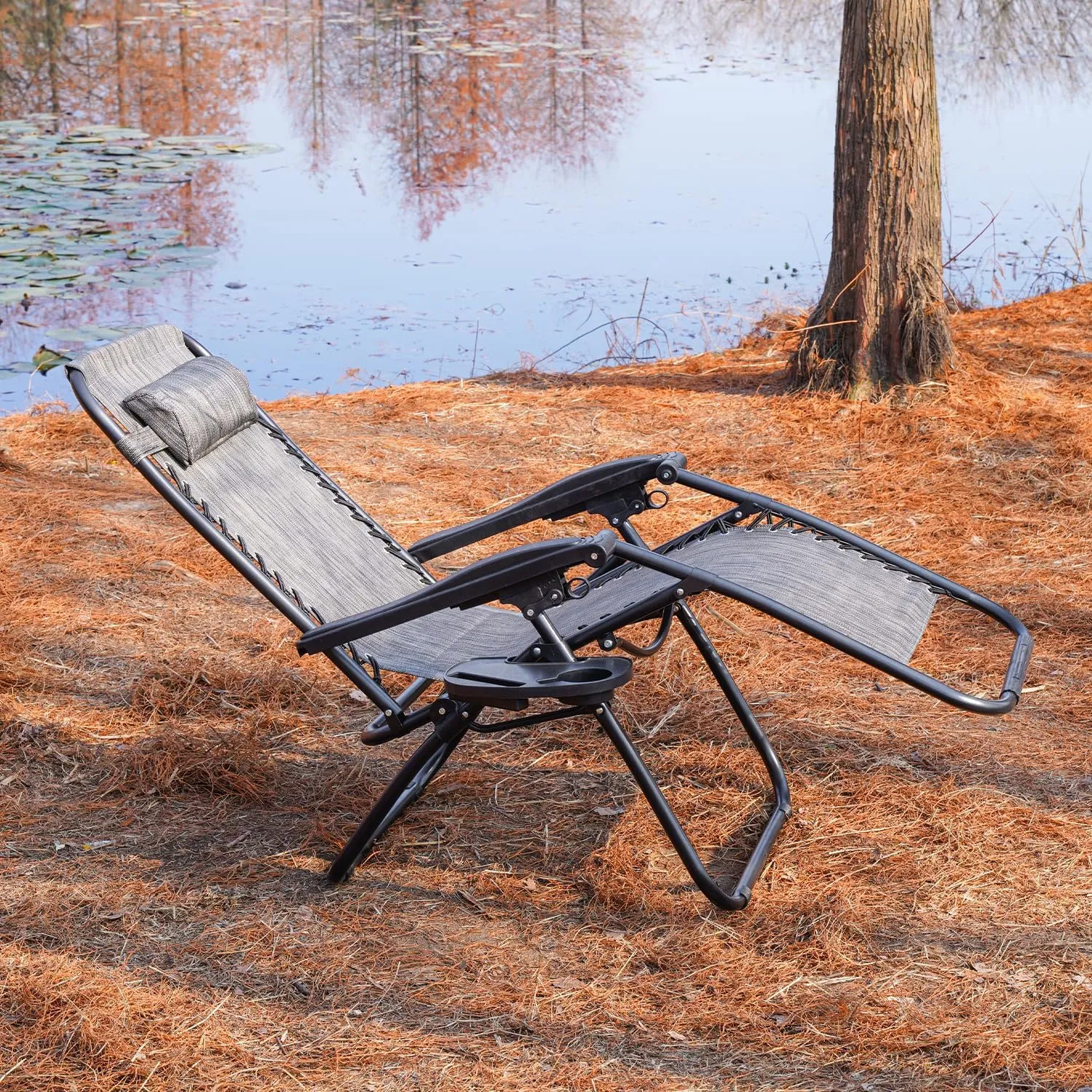 CYCLONE SOUND Adjustable Zero Gravity Folding Reclining Lounge Chair with Pillow，Anti-Gravity Chair for Indoor & Outdoor, Folding Reclining Chair w/Side Tray (Grey 1PACK)