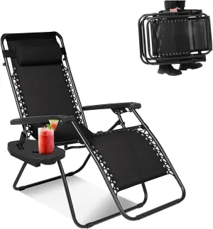 CYCLONE SOUND Adjustable Zero Gravity Folding Reclining Lounge Chair with Pillow，Anti-Gravity Chair for Indoor & Outdoor, Folding Reclining Chair w/Side Tray