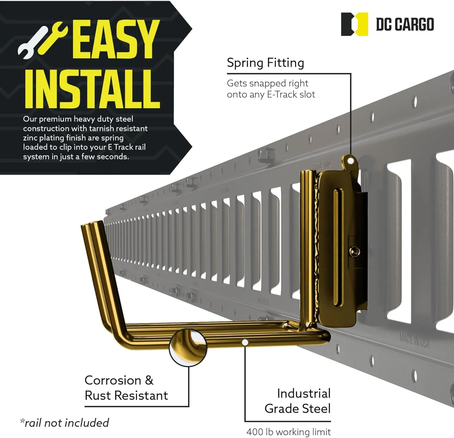 DC Cargo Mall E Track Tool Hanger Accessories 6.5" Deep (2 Pack) - Garage Wall Mount, Truck, Enclosed Trailer, Storage ETrack System Hooks - Hook Storage System for Tools, Ladder, Shovel
