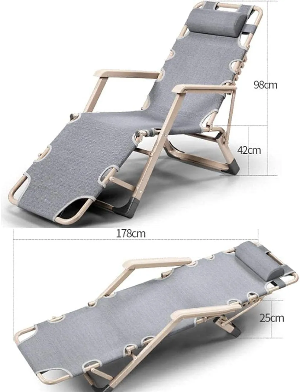 Deck Chair Recliners Folding Recliner Portable Reclining Sun Lounger Outdoor Camping Chair-Grey Pearl Pad-Gray   Crystal Pad
