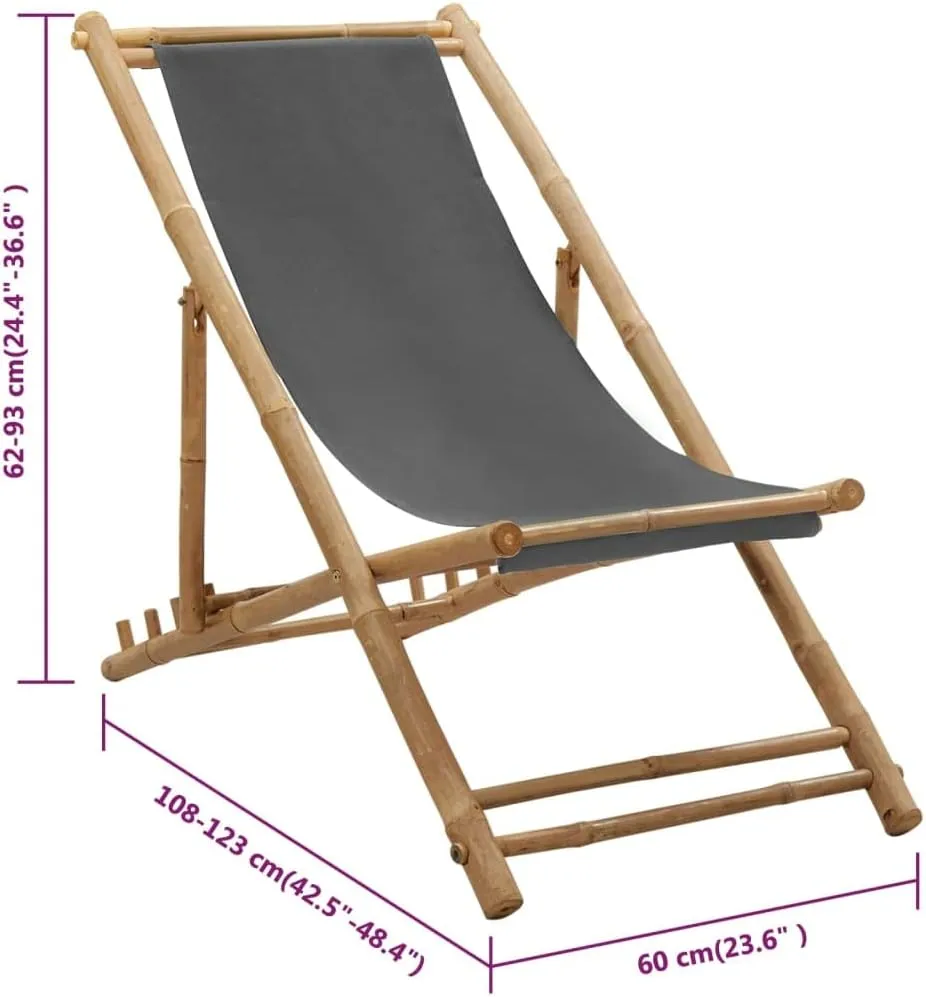 Deck Chair,Camping Chair,Comfortable Leisure Reclining Chair,Features Foldable Design,Adjustable in 4 Positions,Assembly Required,Used for Deck, poolside, Camping,Beach, Bamboo and Canvas Dark Gray
